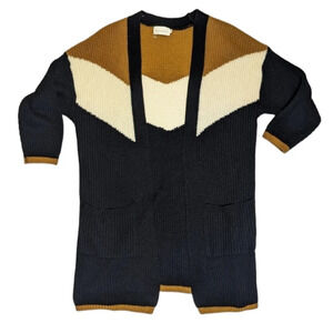 Dreamers Chevron Knit Black Beige and  Tan Long Cardigan Size S / M Open Front